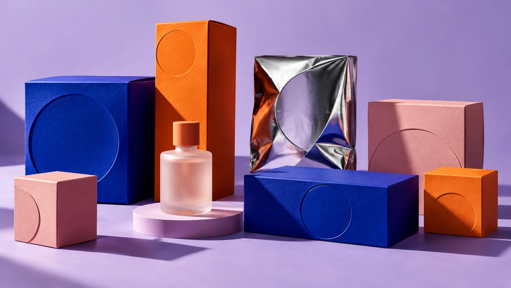 Original concept packaging study with cobalt-blue boxes, orange and pink forms and metallic foil